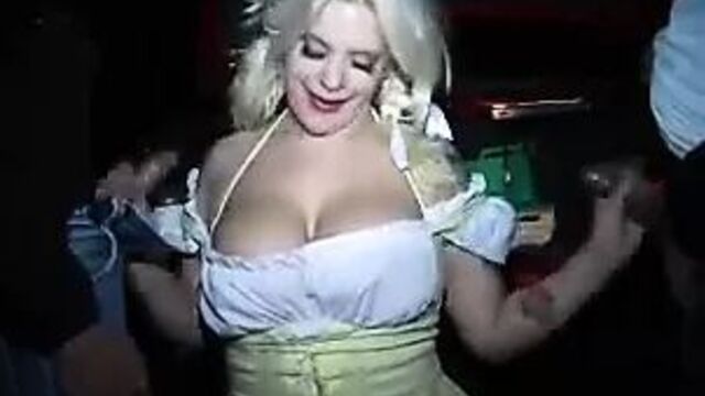 UK whore blows two cocks outdoors for cumshot on her tits