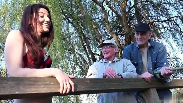 Two oldmen fuck beautiful girl while fishing