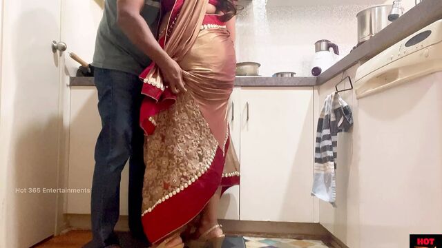 Indian Couple Romance in the Kitchen - Saree Sex - Saree lifted up and Ass Spanked
