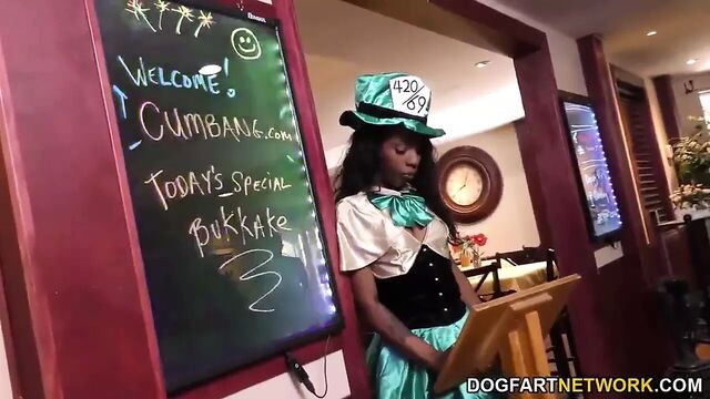 Sarah Banks gives blowjob to 12 guys