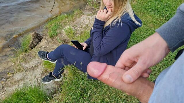 Man Flashes Cock in Public and cumshot near blonde girl